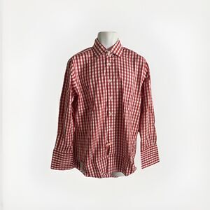 T.M. Lewin Mens Regular Fit Lewin 100 Cotton Red White Plaid Dress Shirt 16 33